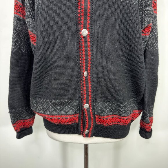 NORLENDER Knitwear Black Red Wool Knit Fair Isle Button Cardigan Sweater Size L - Picture 3 of 11